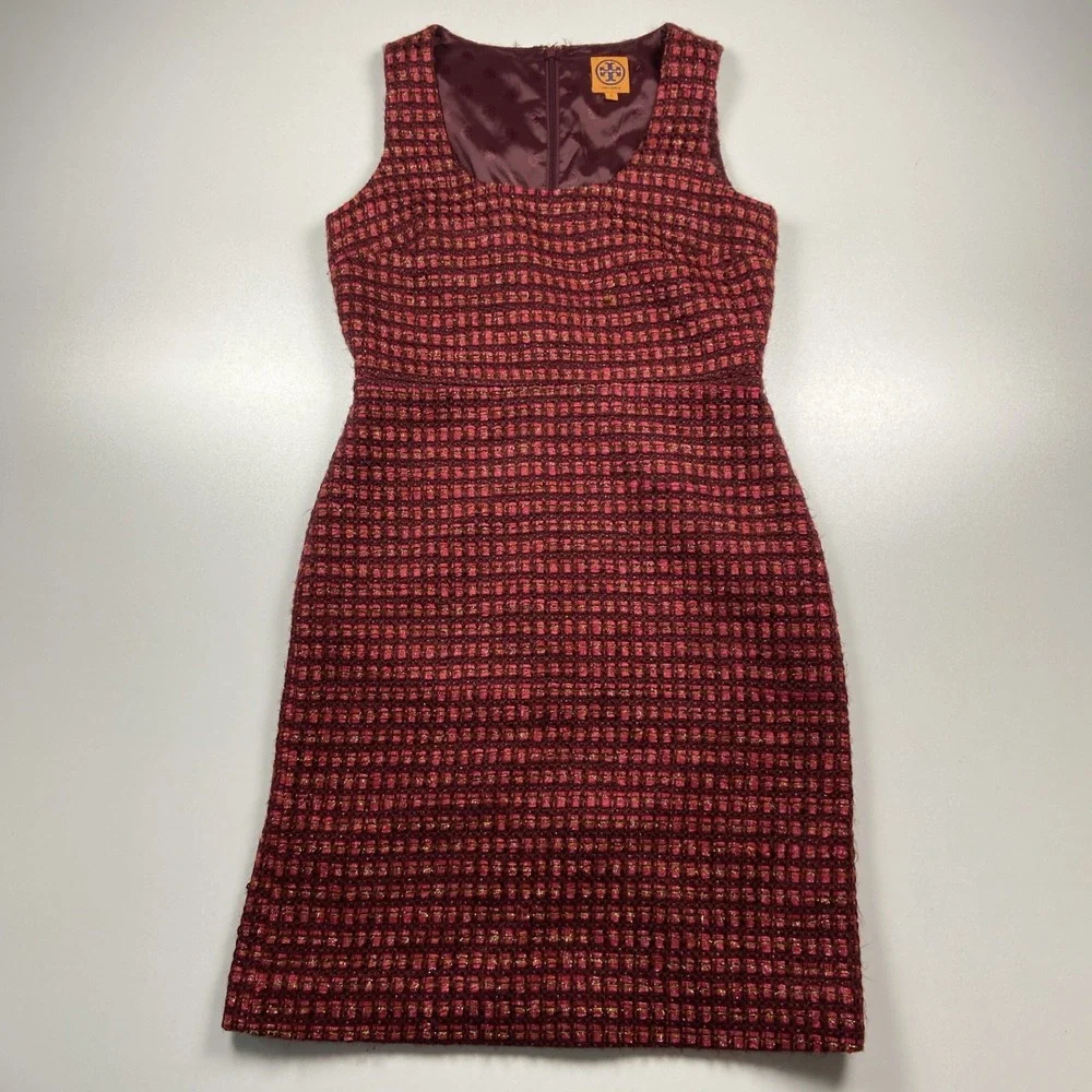 Tory Burch Victory Sheath Sleeveless Dress Sz 8 Red Plaid Wool Blend Lined Tweed